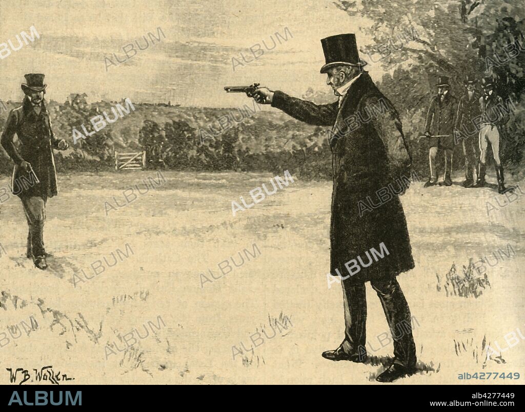 WILLIAM BARNES WOLLEN. The Duke of Wellington's duel with the Earl of Winchilsea, Battersea Fields, London, 1829 (c1890). From "Cassell's History of England - Special Edition, Vol. V." [Cassell and Company, Limited, London, Paris, New York & Melbourne, c1890].