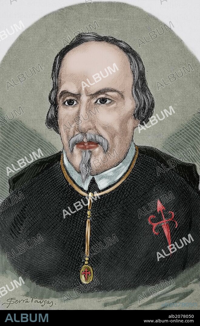 Pedro Calderon de la Barca (1600-1681). Spanish poet and playwright. Engraving by J. Serra Pausas. History of Spain, 1882. Colored.