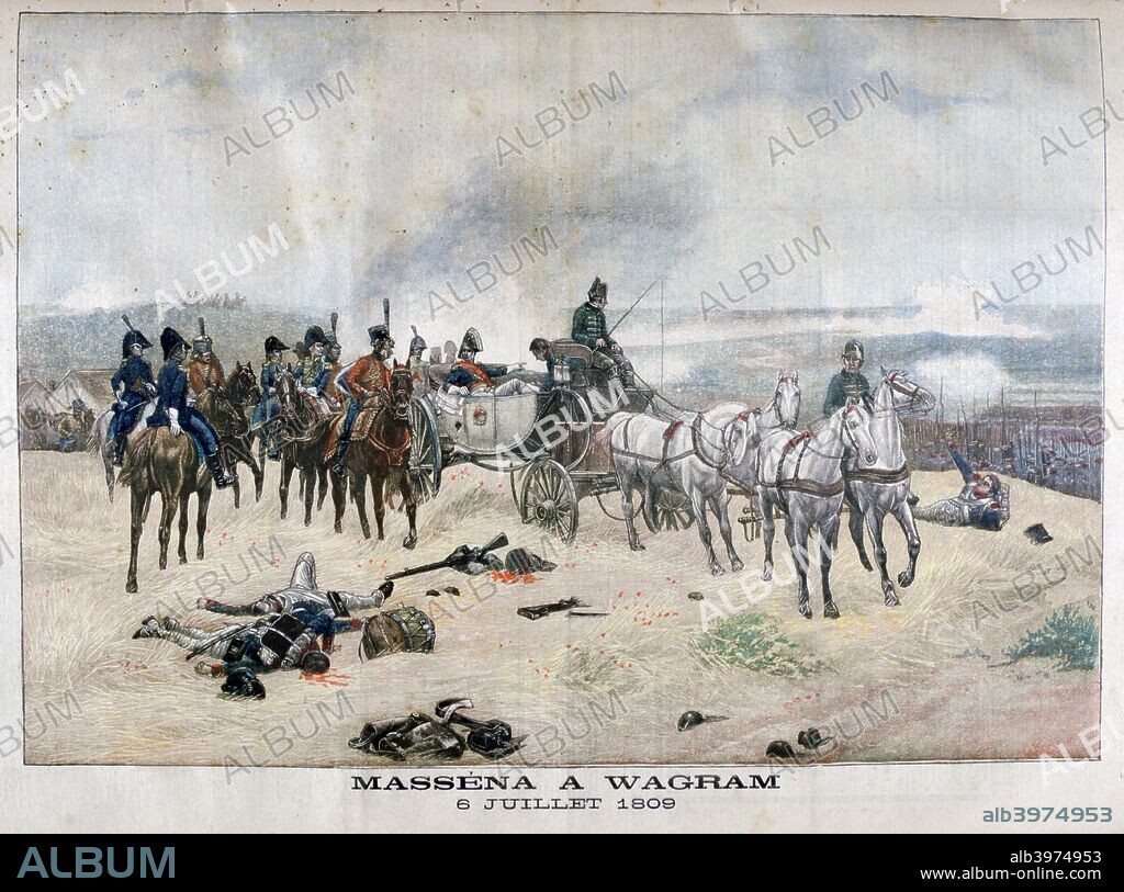 Marshal Massena at the Battle of Wagram, Austria, 5th-6th July 1809, (1904). At the Battle of Wagram, near Vienna, Napoleon's French forces defeated Archduke Charles' Austrian army, effectively bringing the War of the Fifth Coalition to an end. Andre Massena, Duke of Rivoli, Prince of Essling (1758-1817) was a French military commander during the Revolutionary and Napoleonic Wars, regarded by Napoleon as his greatest general. He commanded the 4th Corps at Wagram. An illustration from Le Petit Journal, 10th July 1904.