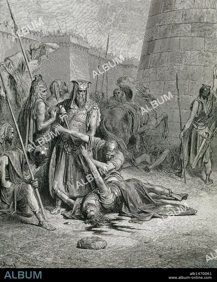 ABIMELEK (s. XIX a. C.). Rey filisteo de Gerar (sur de Palestina). Murió en el Sitio de Tébez. "MUERTE DE ABIMELEK". Grabado de E. Goebel sobre una ilustración de Gustave DORE (1833-1883) para "La Bíblia en imágenes".