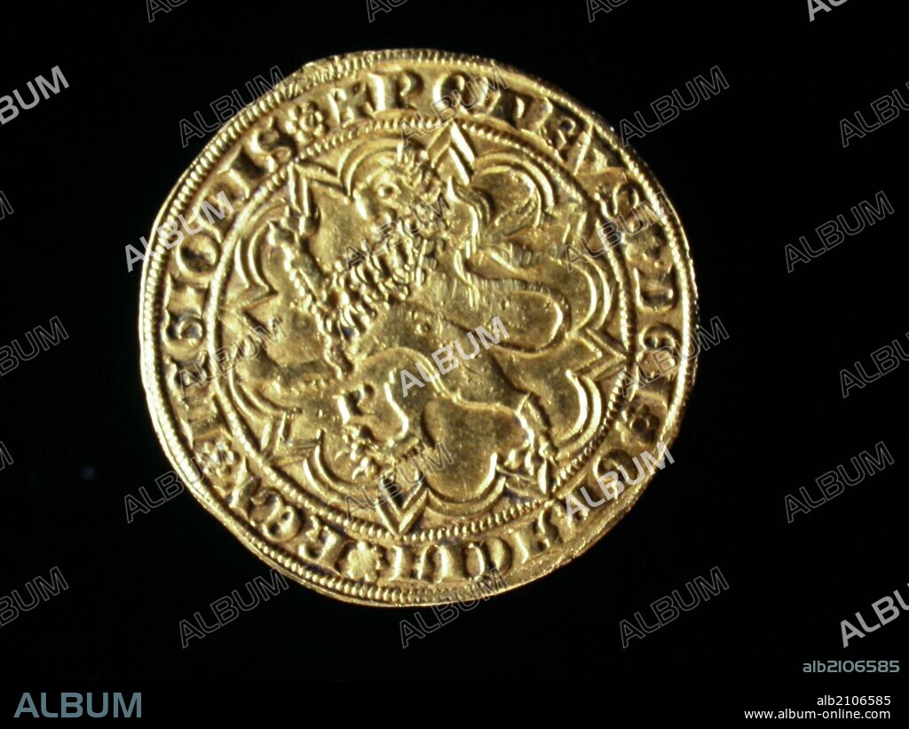NUMISMATICA. MONEDA MEDIEVAL CRISTIANA. DOBLA DE TREINTA Y CINCO MARAVEDIS DE ORO, DE PEDRO I DE CASTILLA. REVERSO. LEON A LA IZQUIERDA: EN EL CAMPO, DEBAJO DEL LEON P. 1369. (DEPOSITO: MUSEO ARQUEOLOGICO NACIONAL).