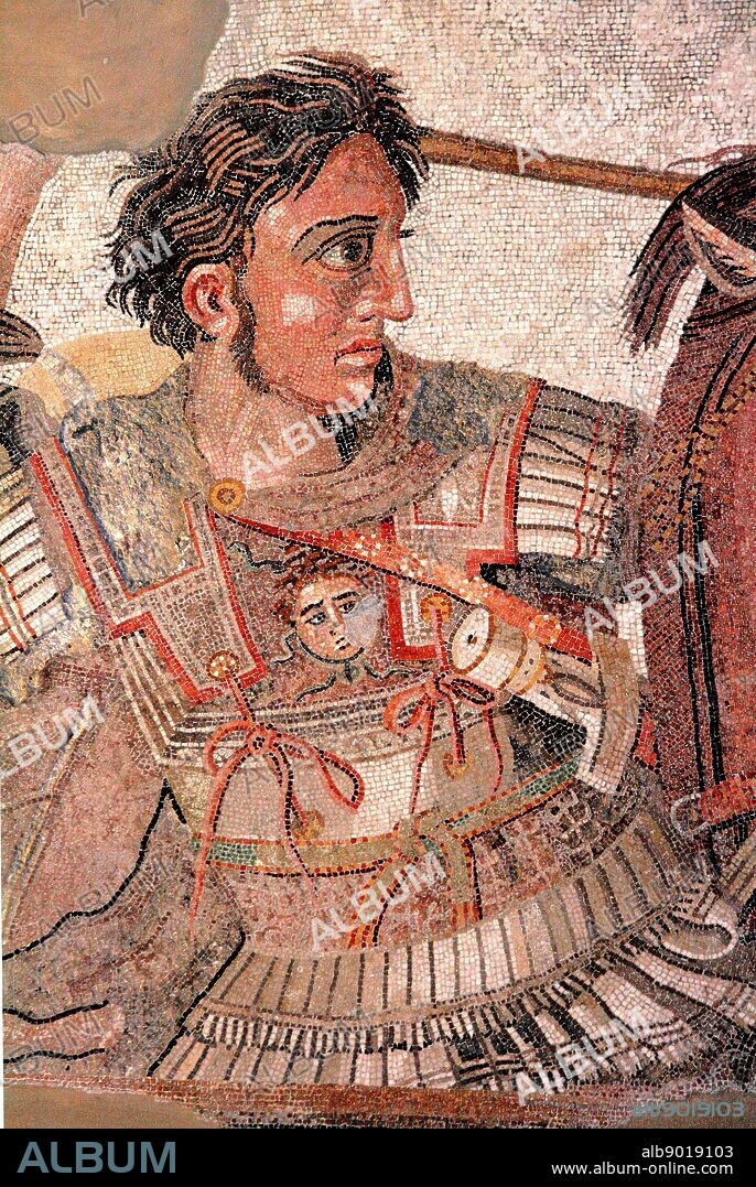 Fragment from the "Alexander Mosaic" showing Alexander the Great in battle against Persian King Darius III. Alexander shown on horseback in full armour. A Roman copy of a Hellenistic painting. Original circa 310 BC, Copy circa 1st-3rd century AD.