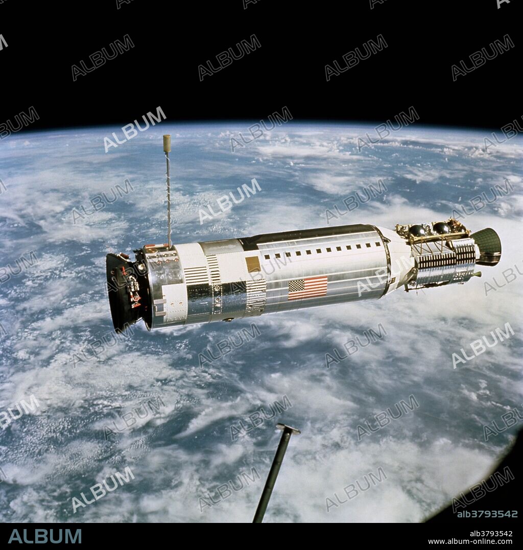 Excellent stereo and side view of the Agena Target Docking Vehicle as seen from the Gemini 12 spacecraft during rendezvous and docking mission in space. The two spacecraft are 50 feet apart. Gemini 12 (officially Gemini XII) was a 1966 manned spaceflight in NASA's Project Gemini. It was the 10th and final manned Gemini flight. Commanded by Gemini VII veteran James A. Lovell, the flight featured three periods of extravehicular activity (EVA) by rookie Edwin "Buzz" Aldrin, lasting a total of 5 hours and 30 minutes. It also achieved the fifth rendezvous and fourth docking with an Agena target vehicle. Gemini XII marked a successful conclusion of the Gemini program, achieving the last of its goals by successfully demonstrating that astronauts can effectively work outside of spacecraft. This was instrumental in paving the way for the Apollo program to achieve its goal of landing a man on the Moon by the end of the 1960s. November 11, 1966.