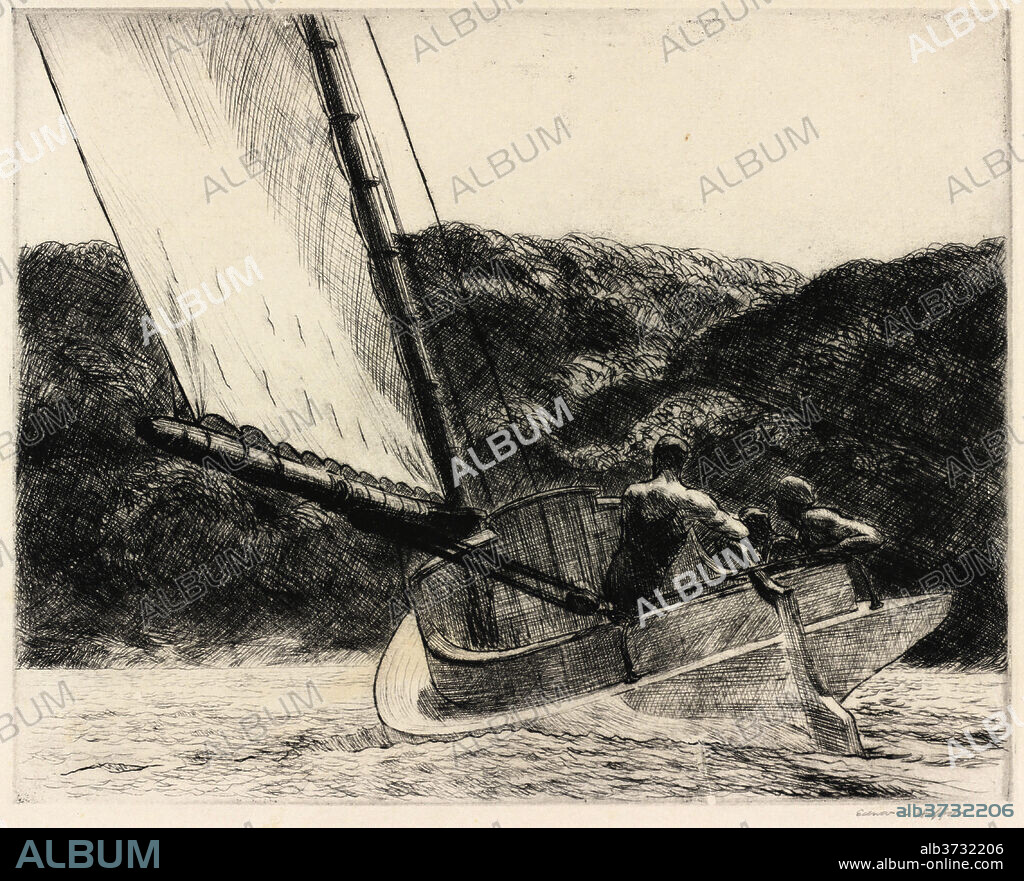 EDWARD HOPPER. The Cat Boat. Dated: 1922. Dimensions: plate: 19.69 x 24.77 cm (7 3/4 x 9 3/4 in.)  sheet: 35.56 x 37.78 cm (14 x 14 7/8 in.). Medium: etching in black.