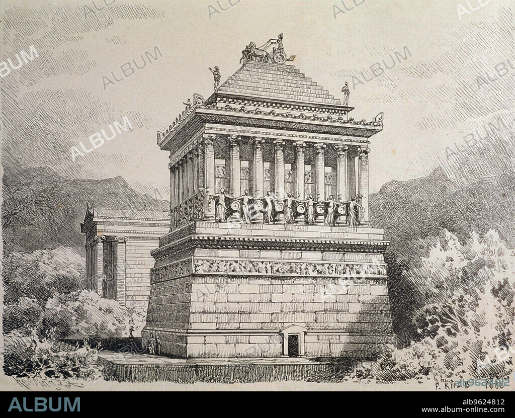 The Mausoleum of Halicarnassus as the tomb of King Mausolus, built by architects Satiros and Piteos, German engraving from 1886 is one of the seven wonders of the world..