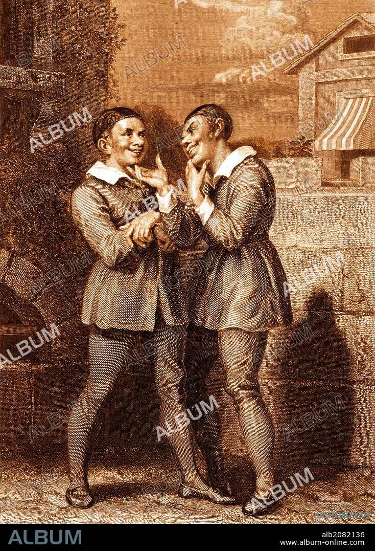 Comedy of Errors by William Shakespeare act V, scene 1 by William Shakespeare.The Two Dromios. Dromio of Ephesus: 'Methinks you are my glass and not my brother. I see by you I am a sweet-faced youth.… Painted by by Richter, engraved by J Bauer. WS: English poet and playwright baptised 26 April 1564 – 23 April 1616.