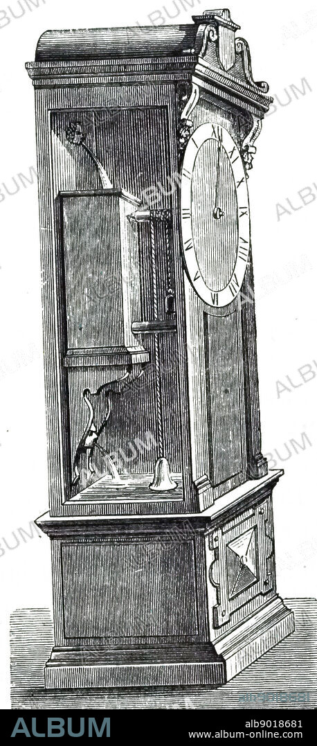 An engraving depicting the interior if a pendulum grandfather clock. Dated 19th century.