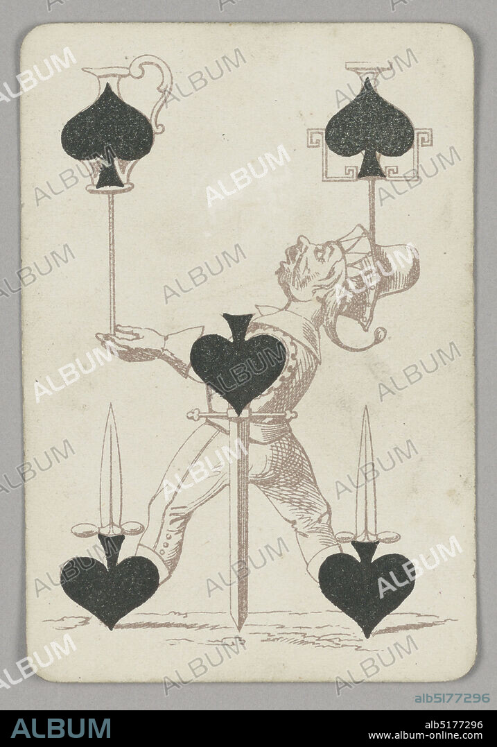 Five of Spades, E. Le Tellier, French, active late 19th century, B.P. Grimaud, Paris, France, Lithograph on paper, Five of Spades playing card from a pack of transformation playing cards. Male juggler figure depicted in outline, shown in profile facing left. He wears a jester's hat and balances a group of objects, all of which incorporate the spade symbol. In his left hand, he balances a ceramic vase on a long pole. From his head, another vase is balanced on a shorter pole, the spades forming the bodies of each vase. From his feet, he balances two swords, the spades forming his boots and the hilts of the weapons. At center, another sword is balanced with its tip pointed down, the spade again composing the hilt., Paris, France, late 19th century, toys & games, Playing card, Playing card.