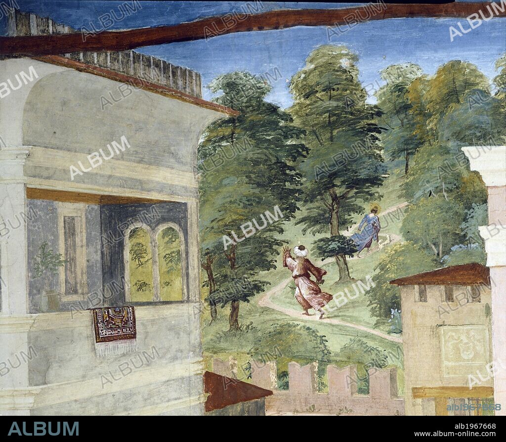 Saint Barbara being chased through the woods, Christ-Vine and the Legend of Saint Barbara, 1524, by Lorenzo Lotto (ca 1480 - 1556), fresco. Detail. Villa Suardi, Suardi Chapel, Trescore Balneario, Italy.