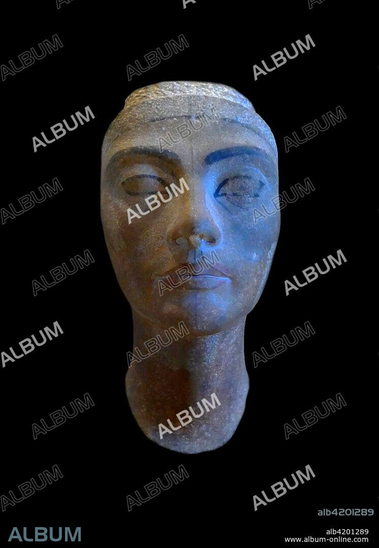 Unfinished. quartzite head of Queen Nefertiti. found at Tel el Amarna. workshop of Tutmosis. 1334 BC. Neferneferuaten Nefertiti was an Egyptian queen and the Great Royal Wife of Akhenaten. an Egyptian Pharaoh. Nefertiti and her husband were known for a religious revolution. in which they worshiped one god only. Aten. or the sun disc.
