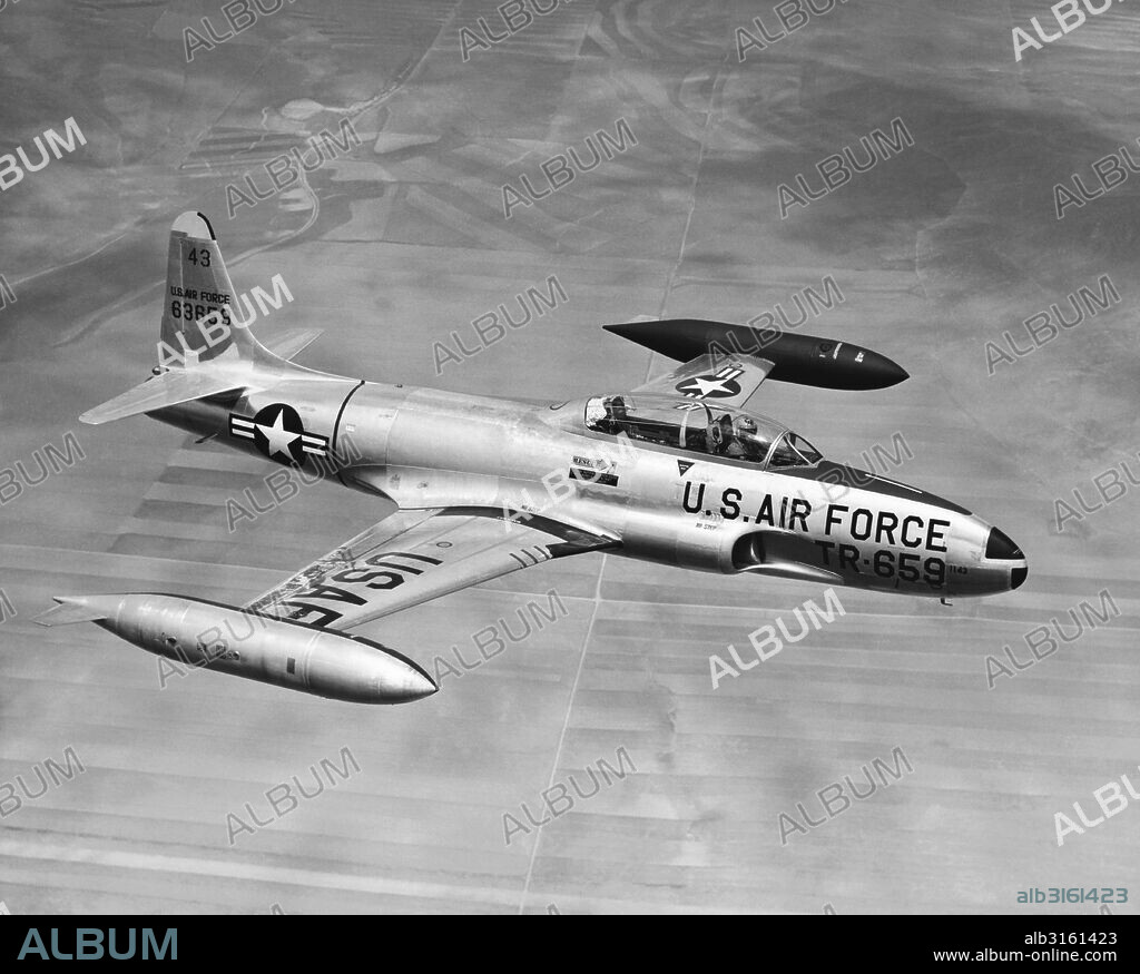 United States: c. 1948 A Lockheed T-33 jet trainer aircraft. It is a tandem cockpit version of the Lockheed P-80 Shooting Star used by the Army Air Force.
