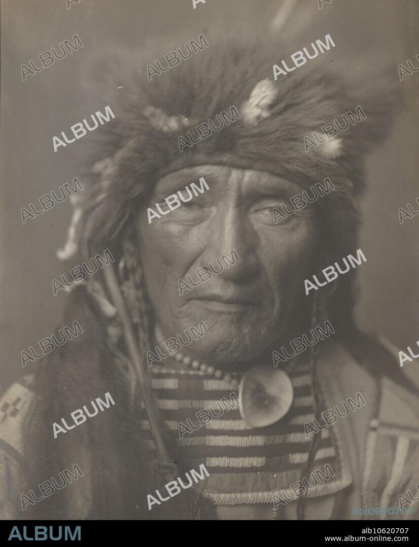 EDWARD SHERIFF CURTIS. Young Hairy Wolf, 1908. Photograph shows head-and-shoulders portrait of Young Hairy Wolf, wearing fur headdress, traditional clothing, and shell necklace, seated, facing front.
