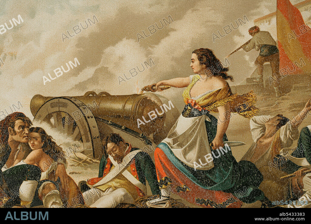 Agustina Zaragoza Doménech (1786-1857). Heroína de la Guerra de la Independencia (1808-1814), durante el primer sitio de Zaragoza. Llamada Agustina de Aragón. Luchó contra las tropas francesas en la defensa del baluarte del Portillo, en Zaragoza. Agustina de Aragón colaboraba en la defensa alentando a los artilleros y llevándoles municiones y alimentos. El cabo que mandaba la batería artillera del Portillo cayó herido, así como el resto de soldados de la posición. Al quedar la batería expuesta a ser capturada por los franceses, Agustina abrió fuego utilizando uno de los cañones. Algunos artilleros heridos pudieron ayudarla mientras llegaban refuerzos, consiguiendo mantener la posición y obligando a la retirada del enemigo. 2 de Julio de 1808. Cromolitografía, detalle. Historia General de España, por Miguel Morayta. Tomo IV. Madrid, 1892.