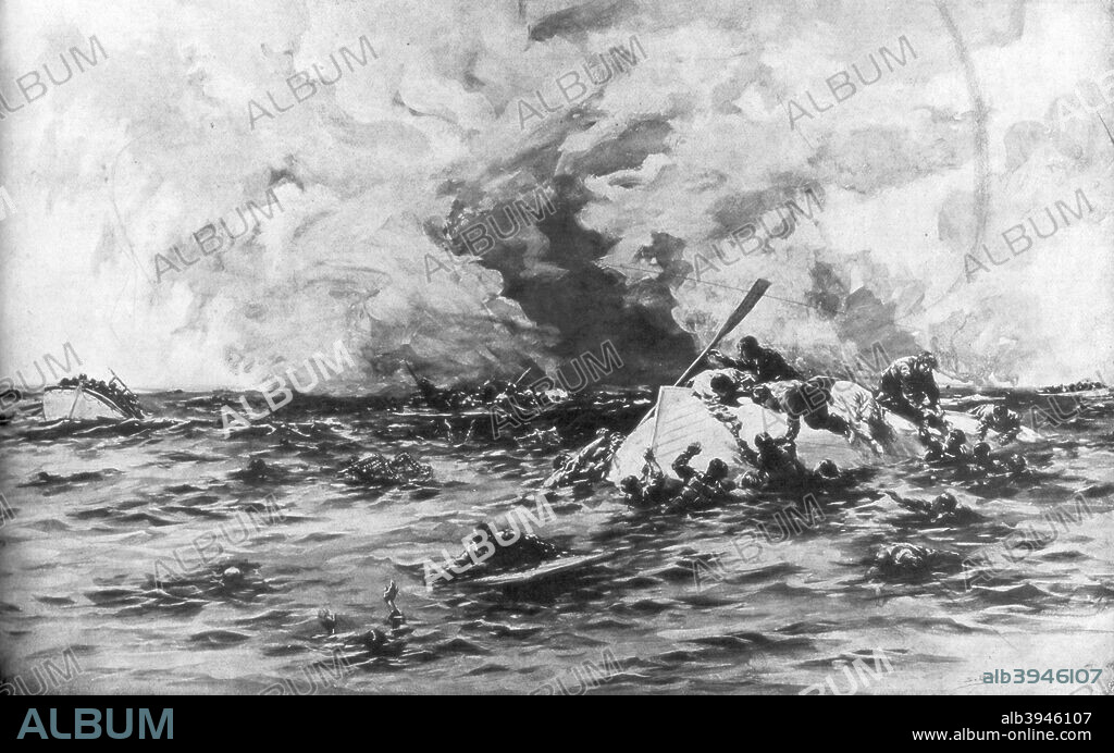 The lifeboats of RMS Lusitania, 7 May 1915, (1926). On 7 May 1915, a German submarine torpedoed and sank the Lusitania off the south-west coast of Ireland near Kinsale. Although an unarmed passenger ship, she was carrying munitions. 1198 people lost their lives, of whom 128 were US citizens. The sinking was a main cause of America's entry into World War I.