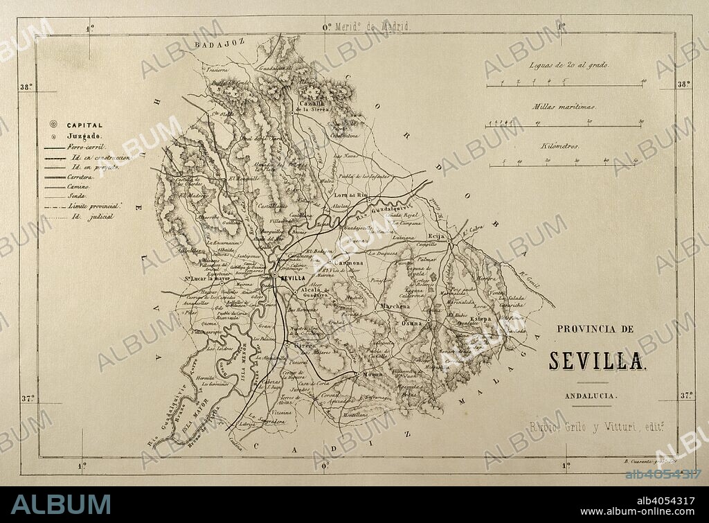 Mapa de la provincia de Sevilla. Crónica General de España, Historia Ilustrada y Descriptiva de sus Provincias. Andalucía, 1867. Biblioteca Histórico Militar de Barcelona, Cataluña, España.