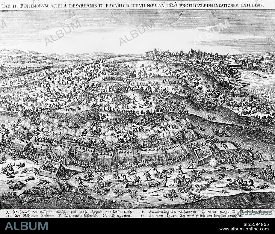 Dreißigjähriger Krieg 1618-48:. Böhmisch-pfälzischer Krieg 1618-23 /. Die Schlacht am Weißen Berge bei Prag am 8. November 1620 (Tillys und kaiserliche Truppen schlagen die böhmische Armee unter Christian von Anhalt). Die Schlacht aus der Vogelschau. Kupferstich von Matthäus Merian d. Ä. (1593-1650) aus: Theatrum Europaeum.