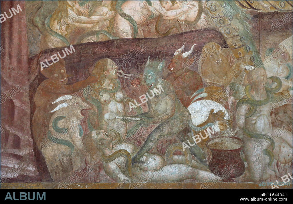 Buonamico Buffalmacco. The Triumph of Death. Detail "The Hell". Torments. 1338-39. Camposanto. Pisa. Italy.
