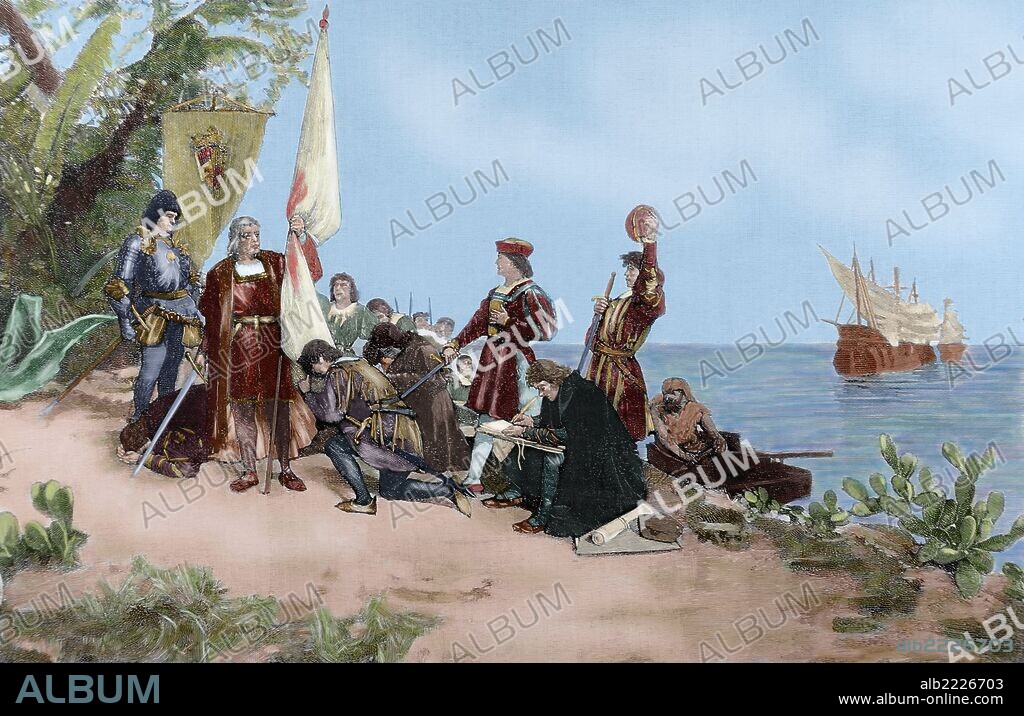 COLON, Cristóbal (¿1451-Valladolid,1506). Navegante y descubridor del Nuevo Mundo. "Colón tomando posesión de la Isla de San Salvador". Grabado por Martín Rico, de un cuadro de Isidro Gil. "La Ilustración Española y Americana", año 1890. Coloreado.