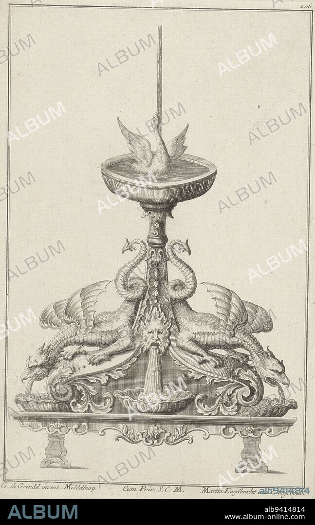 Design for a fountain with a water-spouting bird Below, two water-spitting dragons and a mask spitting water Print number 206, Design for a fountain Ne, print maker: anonymous, Gerrit de Grendel, (mentioned on object), publisher: Martin Engelbrecht, (mentioned on object), Middelburg, publisher: Augsburg, 1708 - 1756, paper, engraving, h 289 mm × w 188 mm.