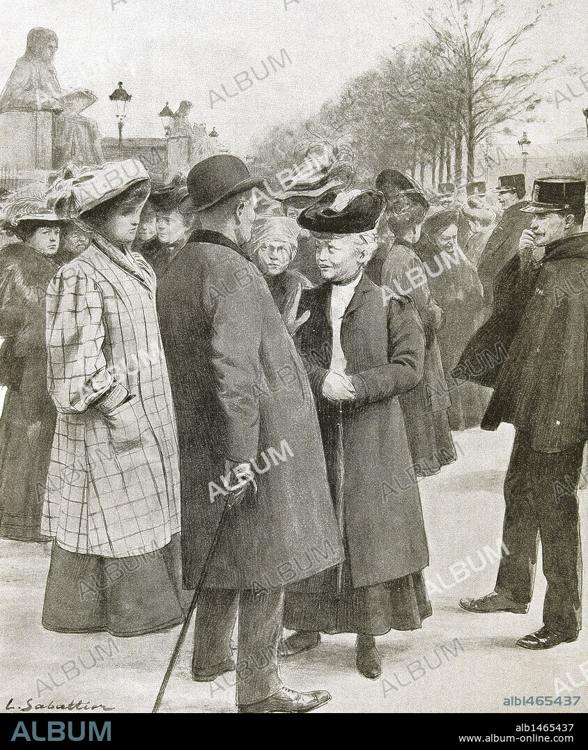 HISTORIA DE FRANCIA. S. XX. "PARIS. MUJERES SUFRAGISTAS reivindicando su DERECHO AL VOTO". Grabado de 'L'Illustration' (año 1906) .