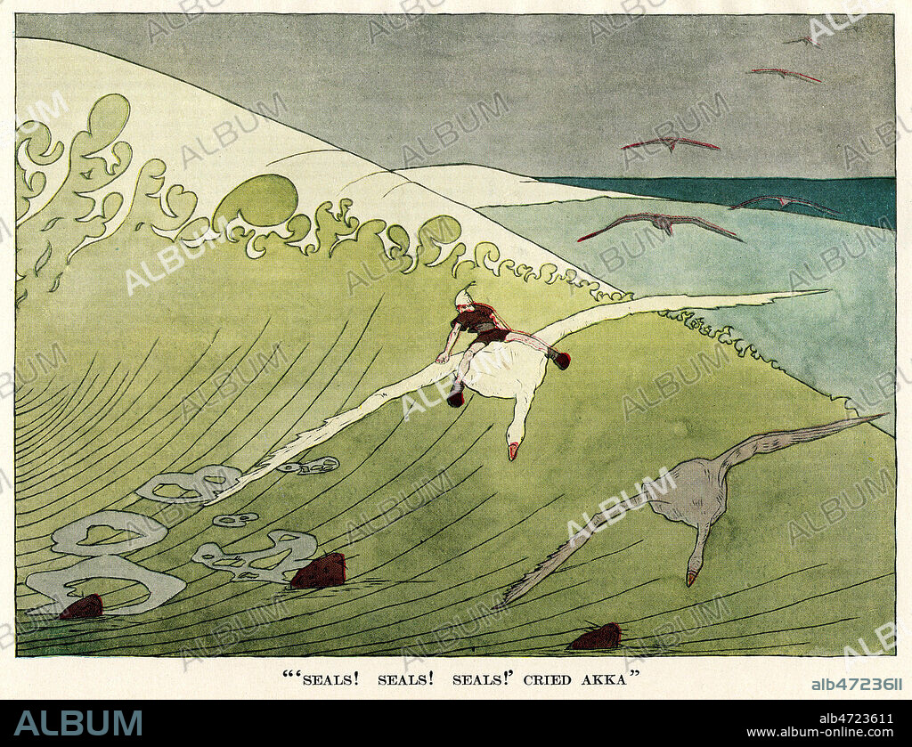 (Nils Holgersson avec les oies poursuivis par les mouettes). Illustration de 1925 par Mary Hamilton FRYE pour Les merveilleuses aventures de Nils Holgersson par Selma LAGERLOF (1858-1940). Credit : Collection Jonas/KHARBINE-TAPABOR.