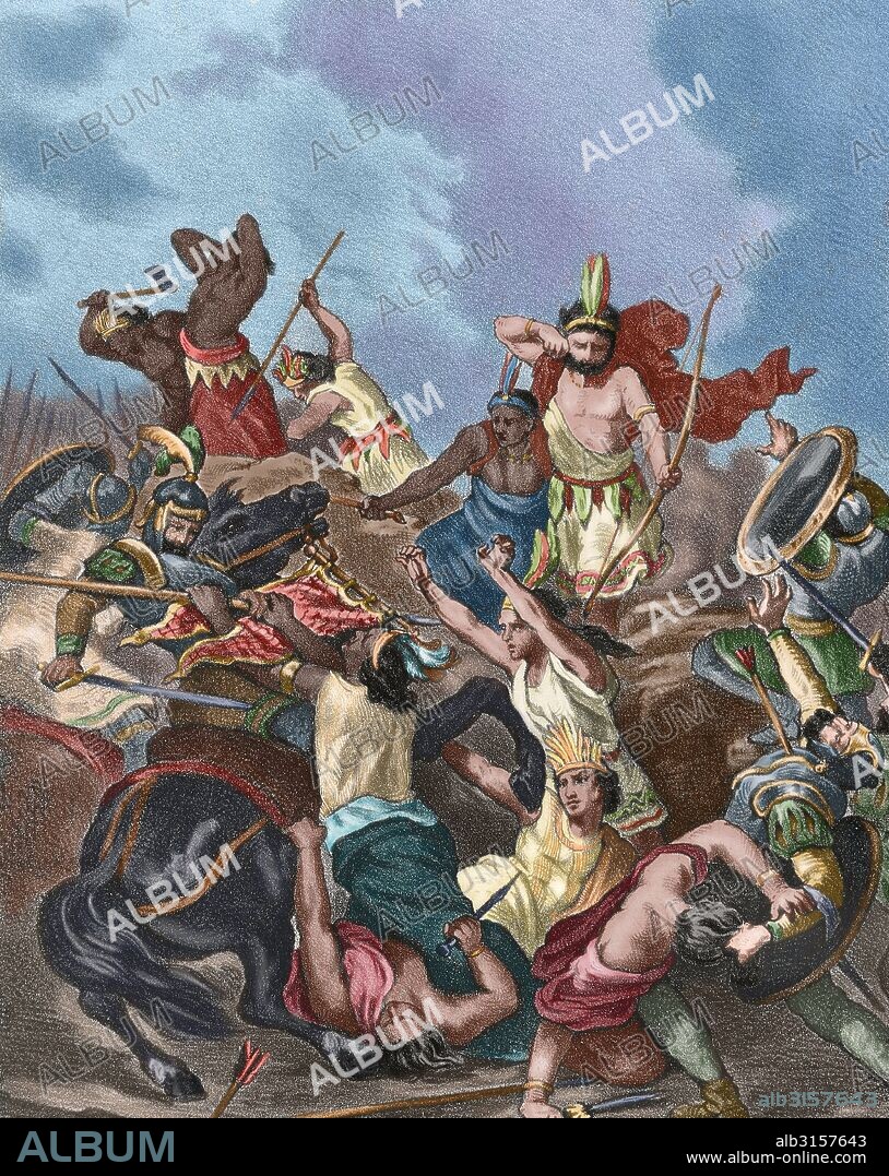 Spanish conquest of the Aztec Empire (1519-1521). Battle of Otumba, 1520. Engraving, 1875. Colored.