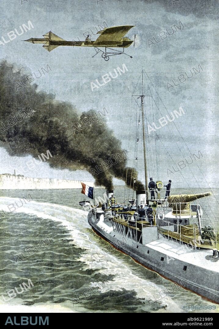 Hubert Latham attempting to fly his Antoinette monoplane across the English Channel, 1909. Hubert Latham (1883-1912), French aviator, leaving Sangatte near Calais in an 'Antoinette' monoplane in an attempt to fly across the English Channel on 19 July 1909. His engine failed halfway and Latham had to be rescued from the water by a French torpedo boat. Latham made another attempt, also unsuccessful, and was beaten to the honour of achieving the first successful cross-Channel flight by Louis Bleriot. From Le Petit Journal.