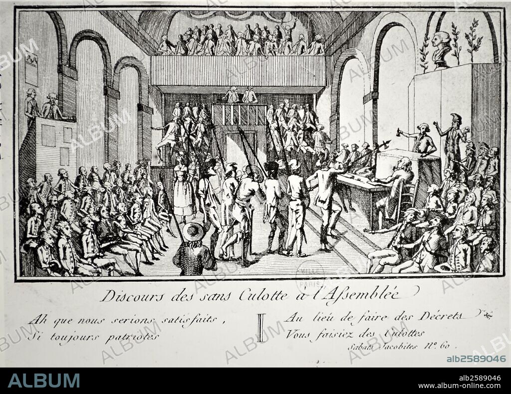 Speech in national Assembly by the sans-culotte Bernard, Adjutant General, temporary commander of the town of Mayenne, Date: 1792-1795. At the beginning of the French Revolution of 1789, the "Sans-culottes," the name given by the popular contempt demonstrators, wearing striped pants and no panties, the symbol of the old regime..