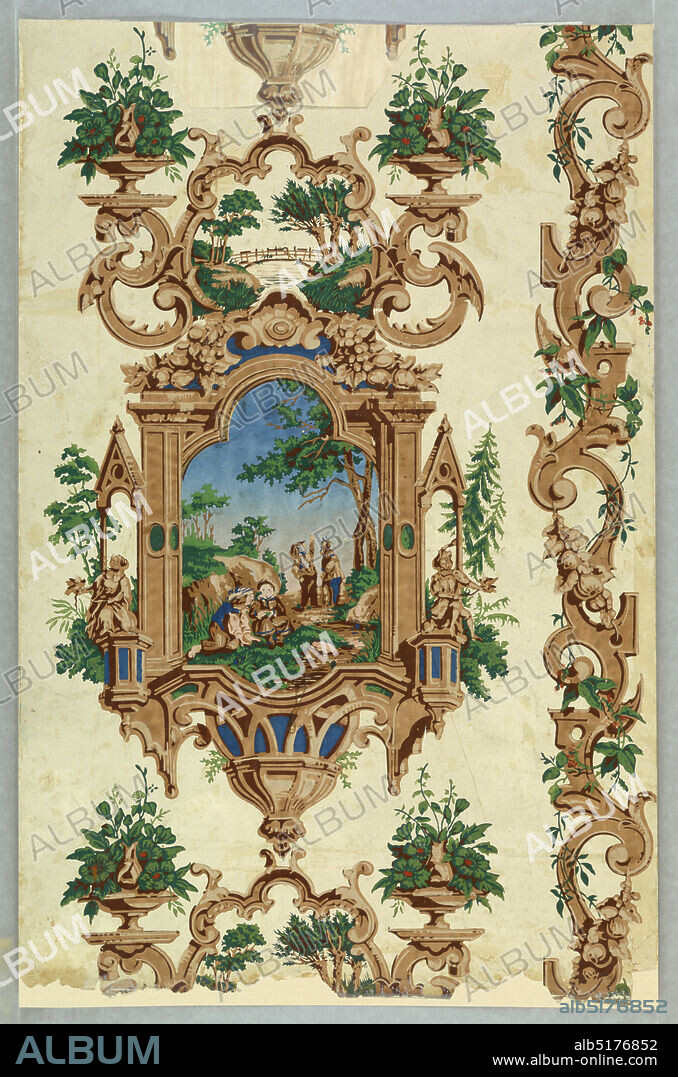 Gothic Revival design with landscape vignette, Block-printed paper, On ground of polished white, predominantly architectural pattern with gothic details, in brown, beiges, brilliant blues, green, touches of red. Fanciful architectural enframement, topped by two vases of flowers, flanked by two statues on pedestals under steep 'gothic' roofs, between which country scene with four peasant figures visible. Above, enframed in leafy architectural ornament, wooden bridge over tree-lined stream. At edge of paper, vertical banding of strapwork with fruit garland, through which vine with red flowers is entwined., France, England, 1840s, Wallcoverings, Sidewall, Sidewall.
