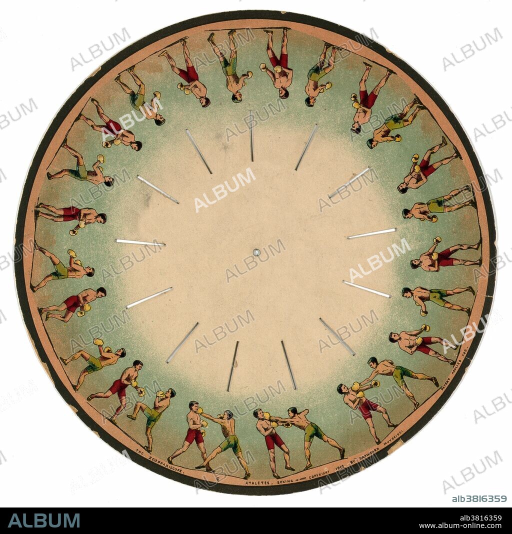 Muybridge Zoopraxiscope, Athletes Boxing, 1893. The zoopraxiscope is an early device for displaying motion pictures. Created by photographic pioneer Eadweard Muybridge in 1879, it may be considered the first movie projector. The zoopraxiscope projected images from rotating glass disks in rapid succession to give the impression of motion. The stop-motion images were initially painted onto the glass, as silhouettes. A second series of discs, made in 1892-94, used outline drawings printed onto the discs photographically, then colored by hand. Some of the animated images are very complex, featuring multiple combinations of sequences of animal and human movement. The device appears to have been one of the primary inspirations for Thomas Edison and William Kennedy Dickson's Kinetoscope, the first commercial film exhibition system.