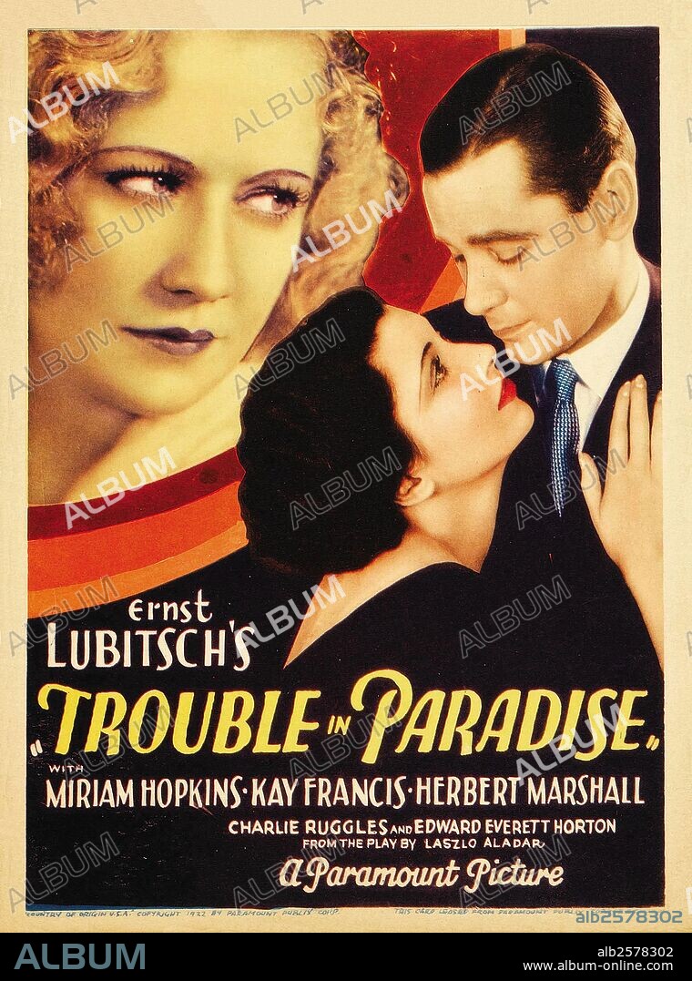 Plakat zu TROUBLE IN PARADISE, 1932, unter der Regie von ERNST LUBITSCH. Copyright PARAMOUNT PICTURES.