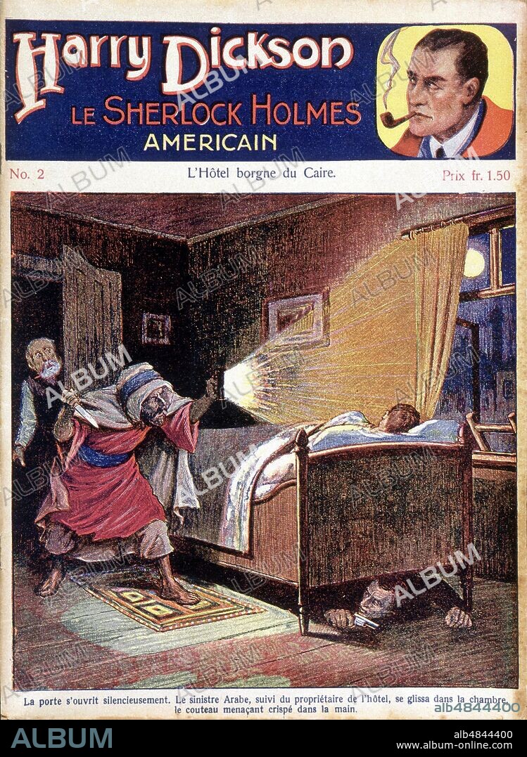 ROMANZO GIALLO cover of 'L'Hotel borgne du Caire' (The obscure Hotel of Cairo) novel of the series 'Harry Dickson the American Sherlock Holmes', n. 2, translated from the original German. Following the Belgian writer Jean Ray (Raymond Jean Marie De Kremer, 8 July 1887 - 17 September 1964), author of the translations in French and Dutch, passionate by the character but bored by the mediocrity of the stories, it will challenge the fate producing a long lucky series of his creation. The Netherlands, 1929.