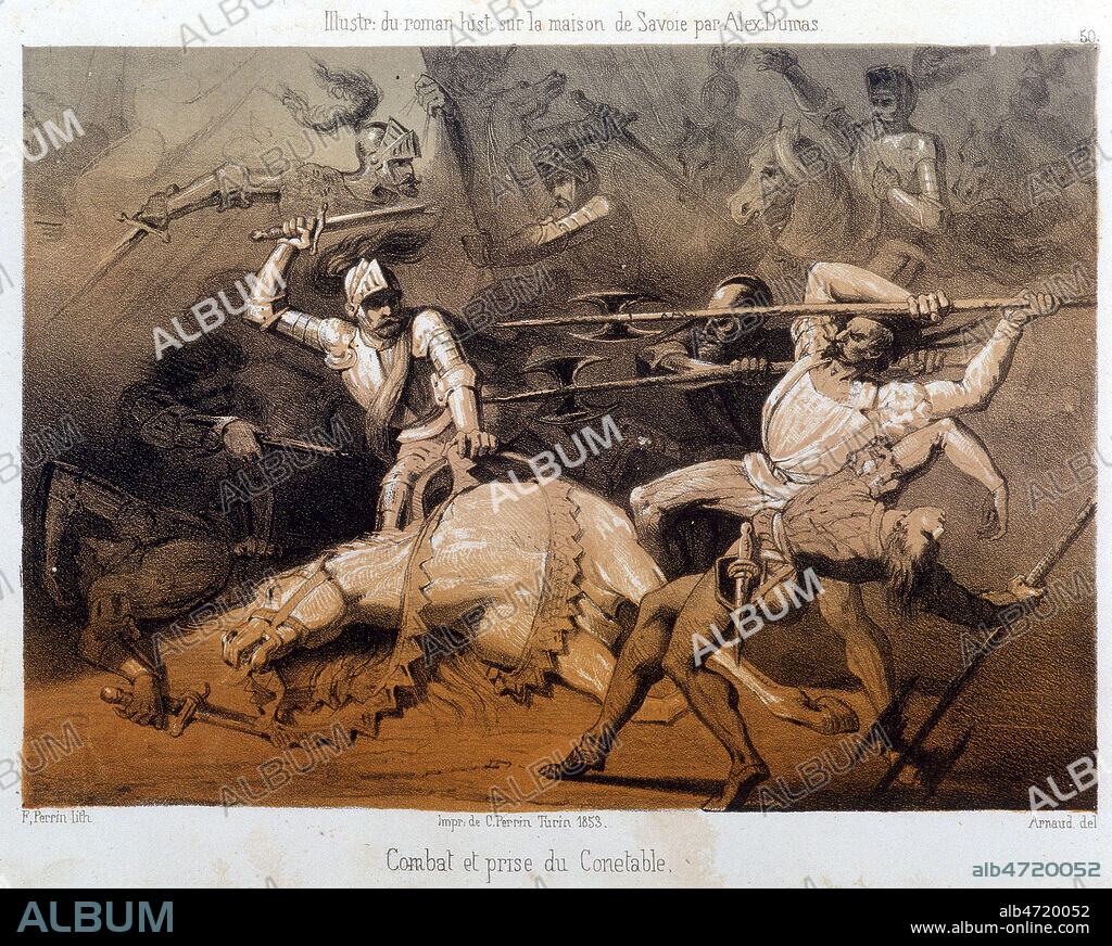 Le Connetable ANNE DE MONTMORENCY a la bataille de SAINT-QUENTIN en 1557. 'Combat et prise du Conetable'. Lithographie par G. ARNAUD pour le roman historique d'Alexandre DUMAS (1802-1870) 'La maison de Savoie', publie en 1852. Credit : Collection KHARBINE-TAPABOR.