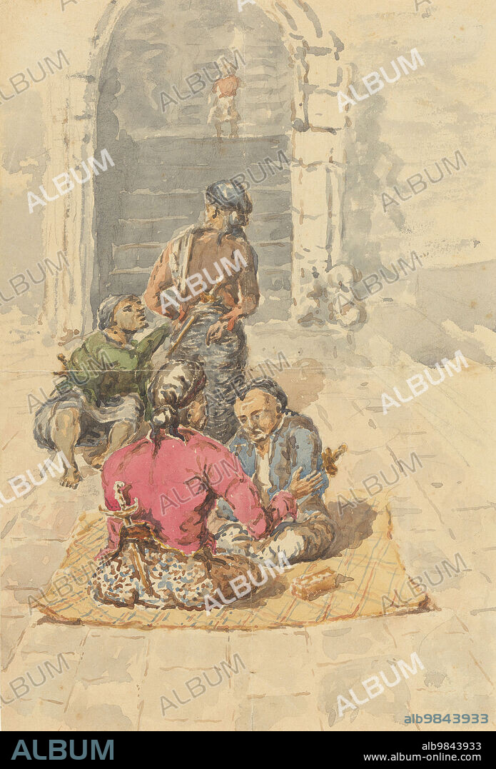 JOANNES HENRICUS WILLEM LE CLERCQ. Four Javanese at the entrance of the stairs to the terraces of Borobudur, c.1800-c.1899.
