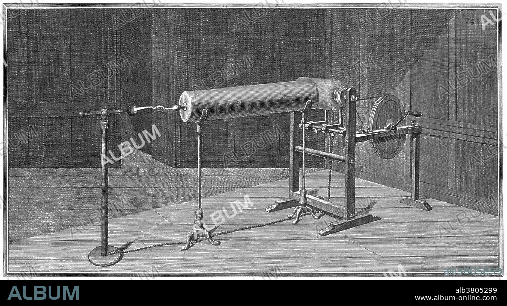 Prior to the construction of the van Marum machine, this electrical machine built by Edward Nairne produced the longest sparks. The wheel turned a glass cylinder 19 inches long and 12 inches in diameter; and a large pad, fastened to two horizontal glass rods, pressed upon the cylinder. The main conductor was of brass, one foot in diameter and five feet long and rested on glass columns. A chain connected the bottom of the receiving pillar to the pad, thus completing the circuit. With this machine sparks up to 14 inches were drawn. With a battery of 64 Leyden jars, Nairne disintegrated an iron wire 1/151 inches in diameter and 3 feet 9 inches long. Edward Nairne (1726 - September 1, 1806) was English optician and scientific instrument maker. He patented several electrical machines, including an electrostatic generator consisting of a glass cylinder mounted on glass insulators; the device can supply either positive or negative electricity, and was intended for medicinal use.