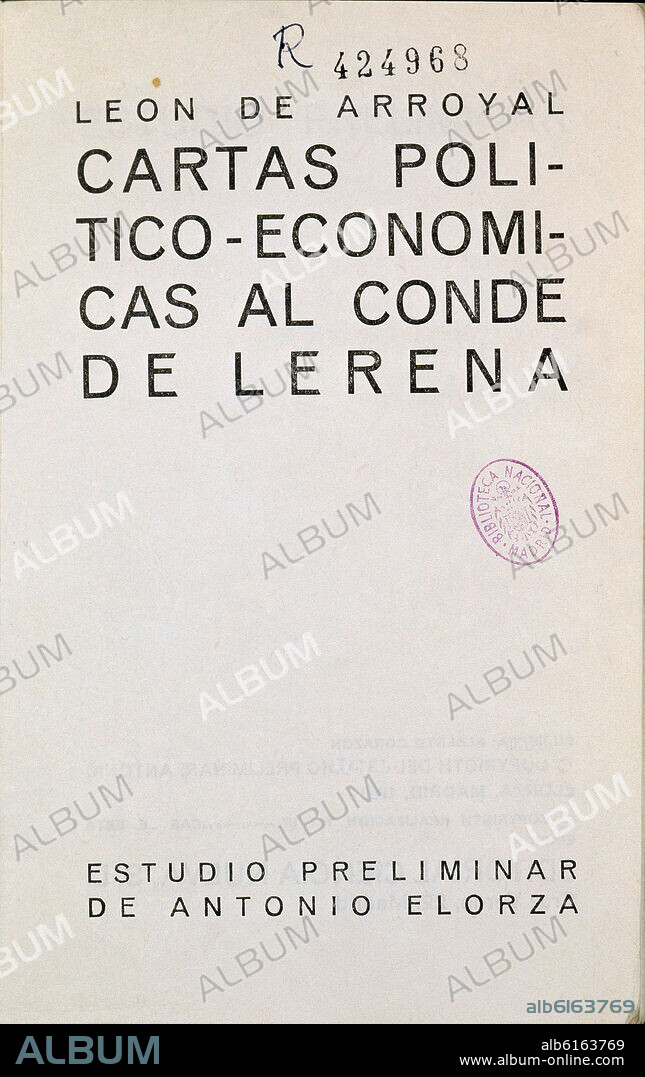 ARROYAL LEON. PORTADA DE CARTAS POLITICO-ECONOMICAS AL CONDE DE LERENA.