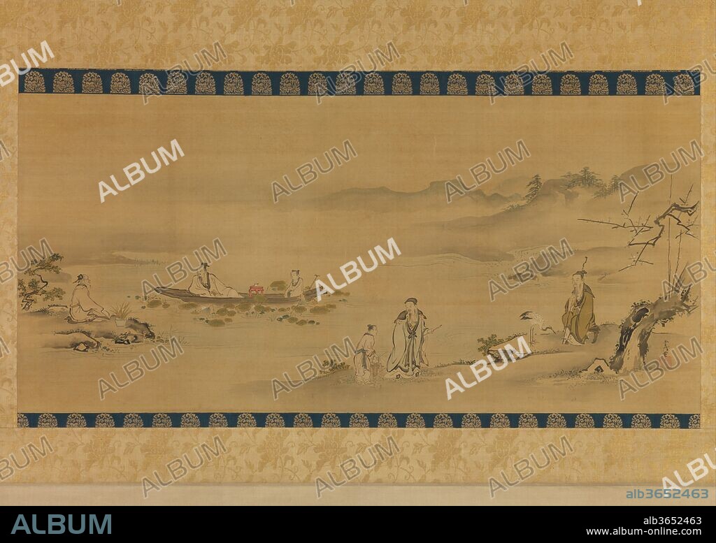 Four Admirers. Artist: Kano Tsunenobu (Japanese, 1636-1713). Culture: Japan. Dimensions: Image: 21 5/16 x 46 in. (54.1 x 116.8 cm)
Overall with mounting: 67 5/8 x 55 1/2 in. (171.8 x 141 cm). Date: late 17th-early 18th century.
One of the many pictorial subjects of Chinese origin adopted by the Kano school of painters, images of the Four Admirers portray beloved Chinese literary figures with the flower, and by extension the season, that each admired most. In this painting by Tsunenobu, a second-generation head of the Kano school's Kobikicho branch in Edo (now Tokyo), the four literary heroes appear within a single pictorial space replete with seasonal, historical, and literary allusions.
At far right is the poet Lin Hejing (967-1028), known for admiring plum blossoms at the hermitage he shared with pet cranes. Nearby is Tao Yuanming (365-427), who famously wrote of gathering chrysanthemums at his country estate in autumn. The scholar Zhou Maoshu (1017-1073) relaxes on a boat surrounded by lotuses. At far left, Huang Tingjian (1045-1105) sits on the riverbank with a potted orchid at his side.