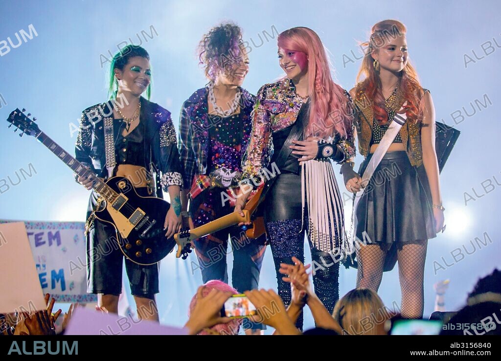 AUBREY PEEPLES, AURORA PERRINEAU, HAYLEY KIYOKO and STEFANIE SCOTT in JEM AND THE HOLOGRAMS, 2015, directed by JON M. CHU. Copyright ALLSPARK PICTURES/BLUMHOUSE PRO/HASBRO STU/UNIVERSAL/SB PROJ.