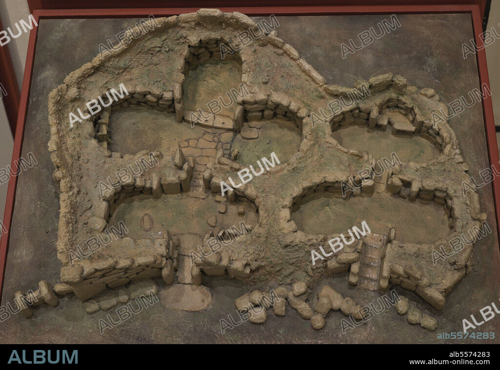 Neolithic architecture. Age of the Temples, developed on the islands of Malta and Gozo (5000 BC-2500 BC). Model of one of the temples that depicts the architectural technique, building entirely in stone, on a base in the shape of a cloverleaf. Gozo Museum of Archaeology. Cittadela of Victoria in Gozo. Malta.