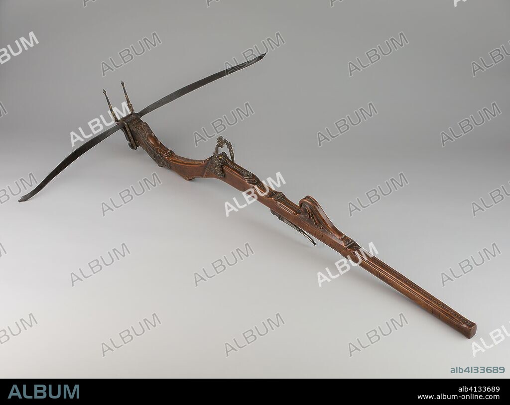 Pellet Crossbow. Italian or French. Date: 1570-1600. Dimensions: 17.2 × 105.4 × 69.9 cm (6 3/4 × 41 1/2 × 27 1/2 in.). Steel, iron, gold, cherrywood, and hemp. Origin: France.