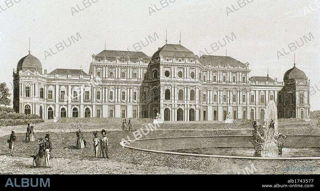 ARTE S. XVIII. AUSTRIA. PALACIO BELVEDERE realizado entre 1714-1722 por el arquitecto Lucas von Hildebrandt (1668-1745). Era la residencia de verano del príncipe Eugenio de Saboya. Viena. Grabado del siglo XIX.