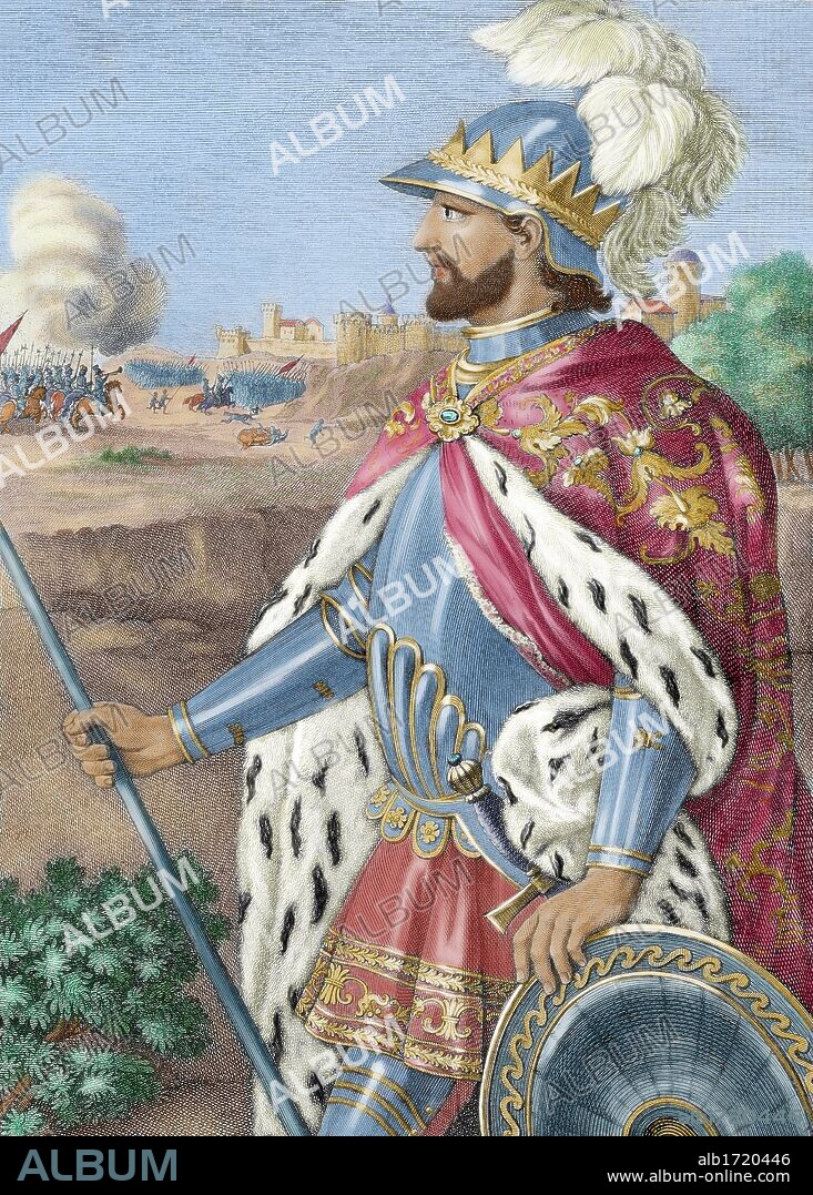 ENRIQUE II (1333-1379). Rey de Castilla (1369-1379). Hijo bastardo de Alfonso XI y primero de la dinastía de los Trastámara. S. XIV. Grabado coloreado de la obra 'Crónicas de los Reyes de Castilla', del año 1779. S. XVIII.