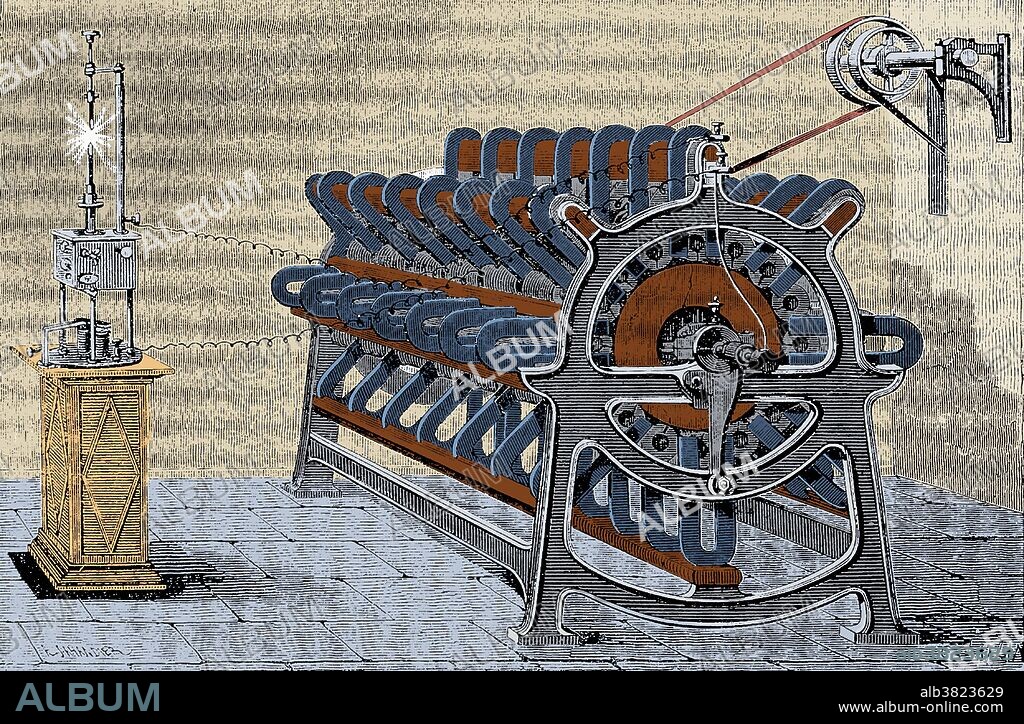 Magneto-electric machine of Nollet and Van Malderen for producing induction currents. A magneto is an electrical generator that uses permanent magnets to produce periodic pulses of alternating current. Unlike a dynamo, a magneto does not contain a commutator to produce direct current. Magnetos have advantages of simplicity and reliability, but are limited in size owing to the magnetic flux available from their permanent magnets. The fixed excitation of a magneto made it difficult to control its terminal voltage or reactive power production when operating on a synchronized grid. This restricted their use for high-power applications. Power generation magnetos were limited to narrow fields, such as powering arc lamps or lighthouses, where their particular features of output stability or simple reliability were most valued. Illustration appeared in "Electricity and magnetism" ny Amedee' Guillemin, 1891. This image has been color enhanced.