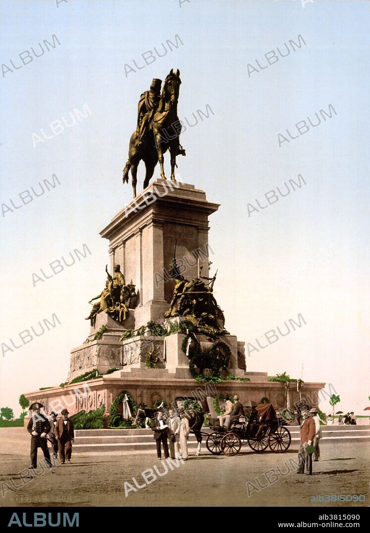The equestrian monument dedicated to Giuseppe Garibaldi is an imposing equestrian statue placed in Rome on the highest point of the Janiculum Hill. The monument consists of a bronze statue portraying the hero riding a horse, which is placed on a big marble base; on each side are engraved allegorical figures of Europe and America and bas-reliefs that commemorate the landing in Marsala, the resistance of Boiada, the defense of Rome and the group of liberty. On the steps up right the monument Ettore Ferrari had created a crown, in order to remember that Garibaldi was the first Master of Italian Freemasonry. Giuseppe Garibaldi (July 4, 1807 - June 2, 1882) was an Italian general and politician who played a large role in the history of Italy. and Europe. These earned him a considerable reputation in Italy and abroad, aided by exceptional international media coverage at the time. Many of the greatest intellectuals of his time, such as Victor Hugo, Alexandre Dumas, and George Sand showered him with admiration. The United Kingdom and the United States helped him a great deal, offering him financial and military support in difficult circumstances. He died in 1882 at the age of 74. Detroit Publishing Company circa 1890-1900.