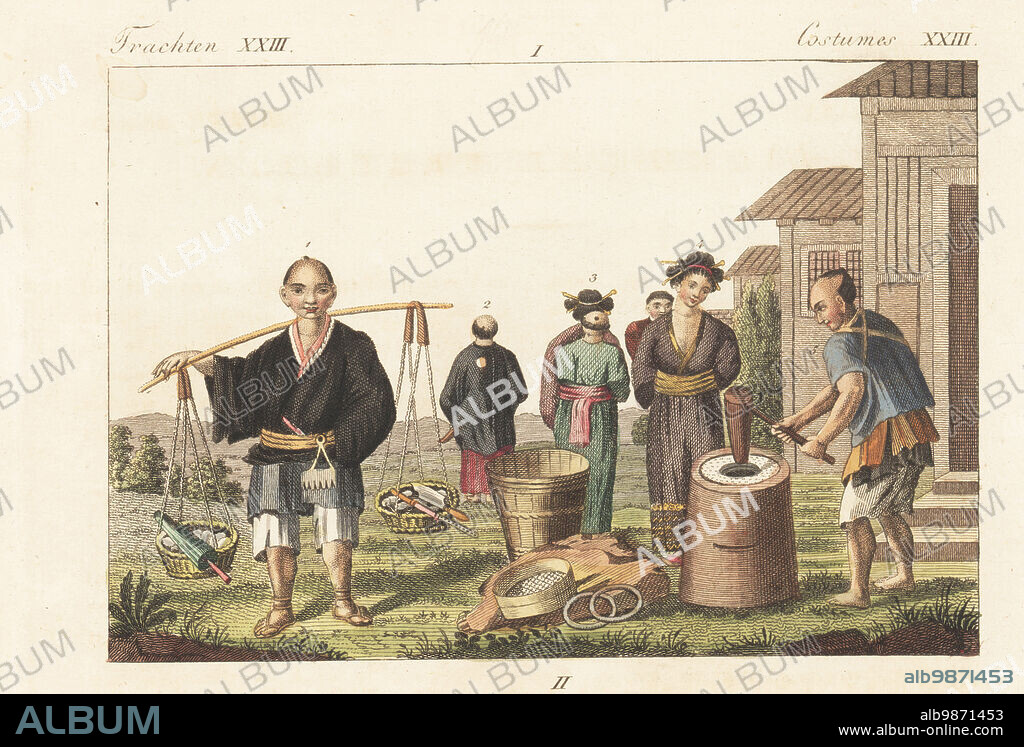 Costumes of Japan, 1800s. A whale-meat seller with yoke and baskets, parasol, knife and balance 1, civil officer with katana (sword) 2, woman in kimono and obi, kanzashi (hairpins) in her hair carrying a child on her back 3,4, and man pounding mochi (rice) with wooden mallet and mortar 5. Copied from illustrations by Georg Langsdorff in Reise um die Welt, 1812. Handcoloured copperplate engraving from Carl Bertuch's Bilderbuch fur Kinder (Picture Book for Children), Weimar, 1813.