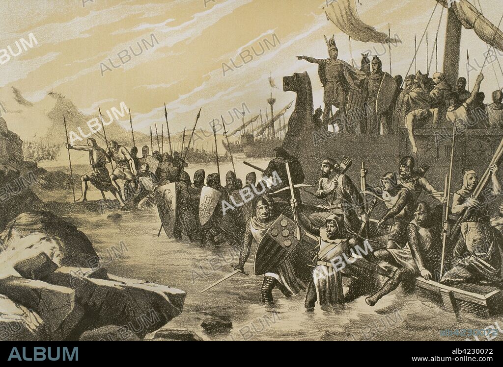Conquest of the island of Majorca by Christian king James I of Aragon. He landed on the beach of Santa Ponsa at midnight on September 10, 1229. Troops reaching the coast. Lithography. Museo Militar, 1883.