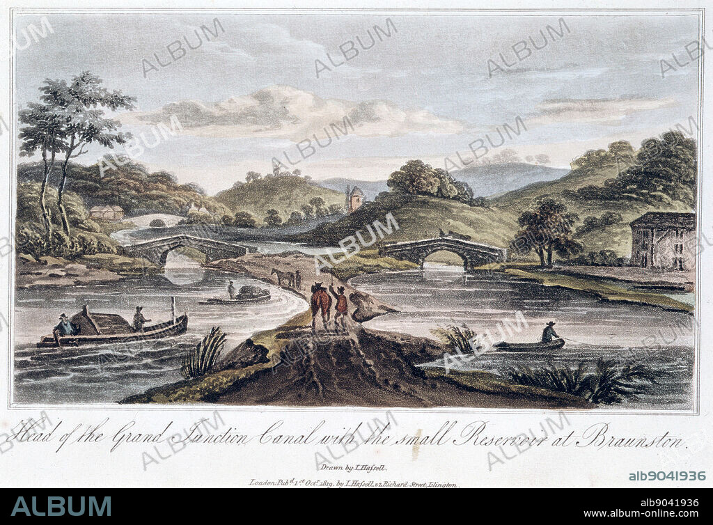Grand Junction Canal: Head of canal at Braunston, Northamptonshire, showing small reservoir. Part of network linking London with Midlands manufacturing towns, and with Liverpool. Chief engineer, William Jessop: Resident engineer, James Barnes. From J.Hassell 'Tour of the Grand Junction Canal', London, 1819. Aquatint.