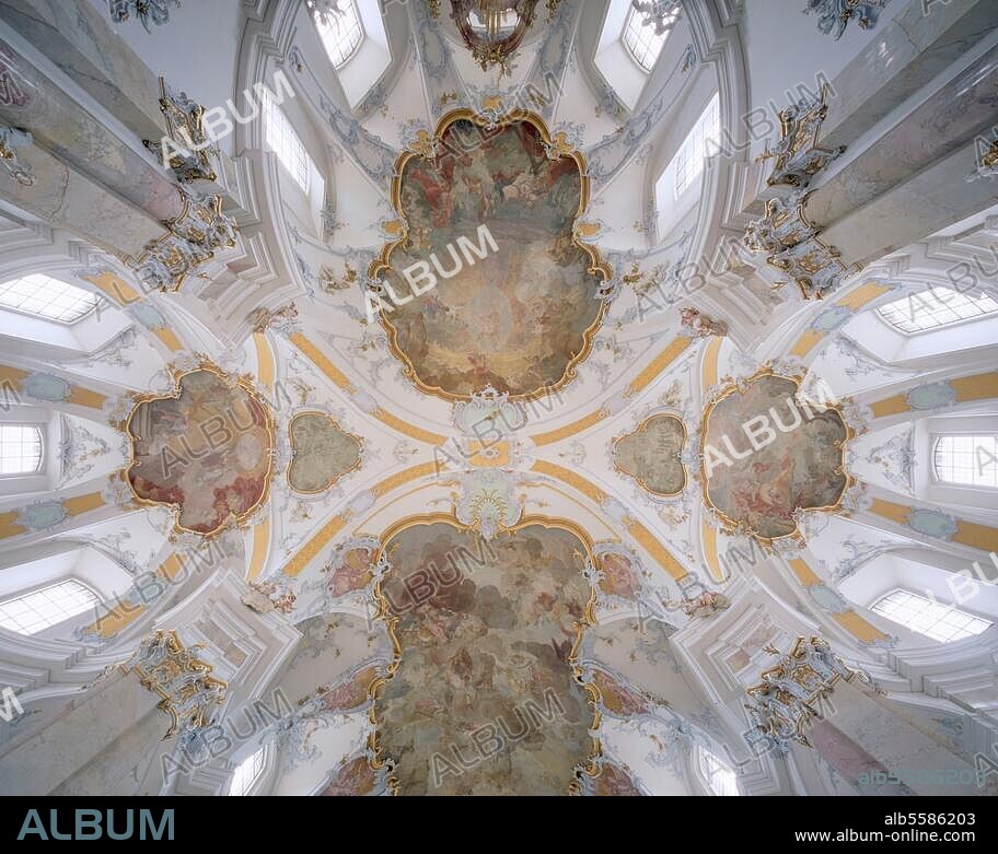 Basilica of the Fourteen Holy Helpers (Vierzehnheiligen). pilgimage church, Bad Staffelstein, Bavaria, Germany. (built 1743-72; architect: Balthasar Neumann; stucco work: J.M. and F.X.Feuchtmayr, frescoes by Joseph Appiani). Interior view: Crossing, ceiling with frescoes. Photo.