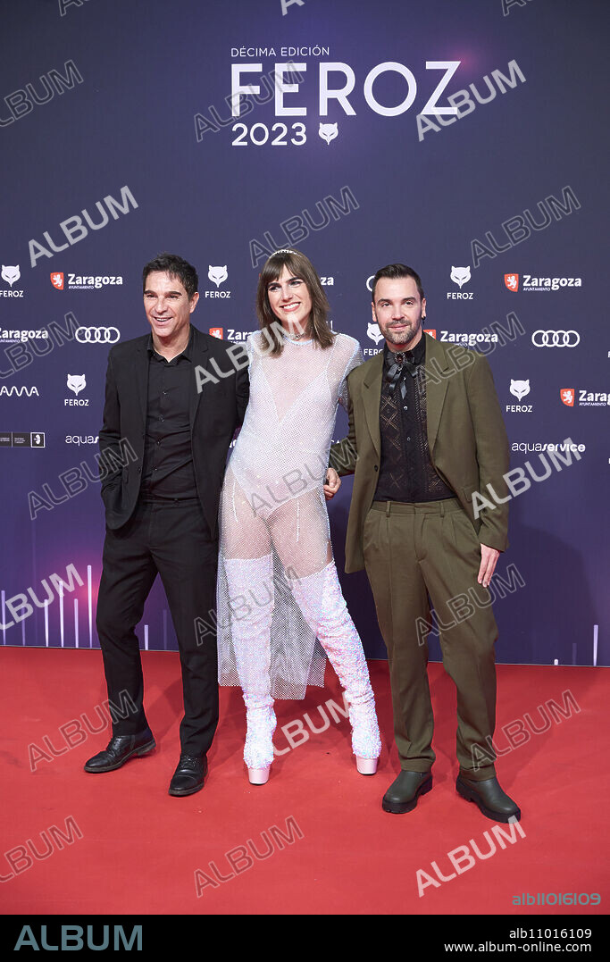 Raphaelle Perez, Adrian Silvestre, Javier Perez Santana attends Feroz Awards 2023 - Red Carpet at Auditorium on January 28, 2023 in Zaragoza, Spain.