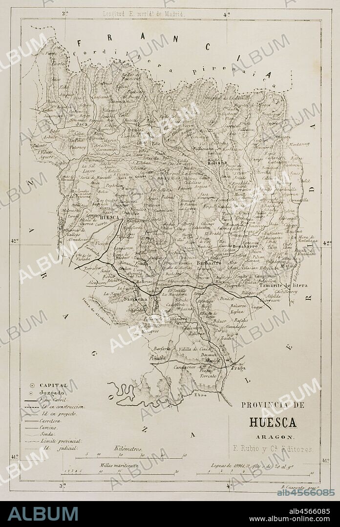 Mapa de la Provincia de Huesca (Aragón, España). Crónica General de España, Historia Ilustrada y Descriptiva de sus Provincias. Aragón, 1866. Biblioteca Histórico Militar de Barcelona, Cataluña, España.